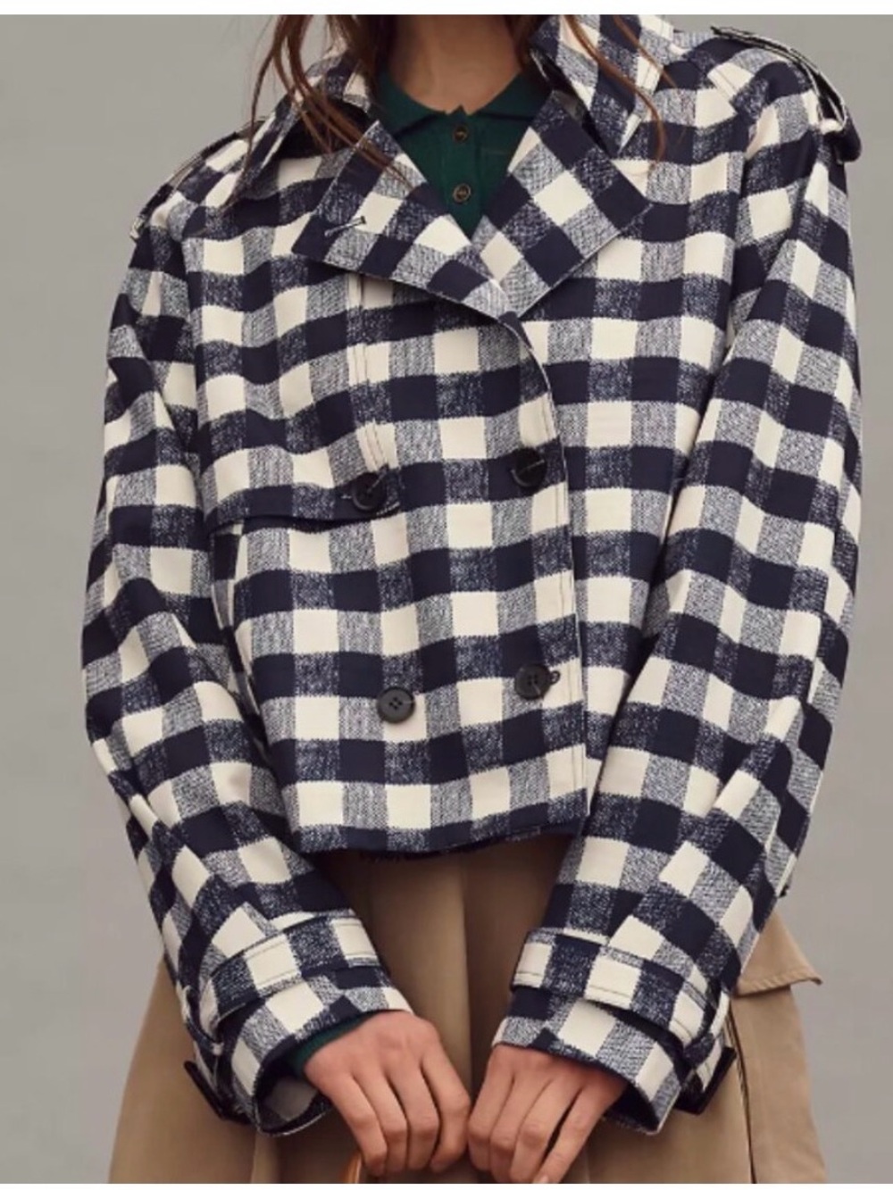 Maeve Navy Cropped Trench Coat - Picture 2 of 4